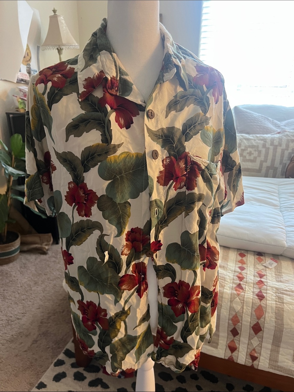Vintage  Hawaiian Floral Button-Up Shirt with Red & Green Print